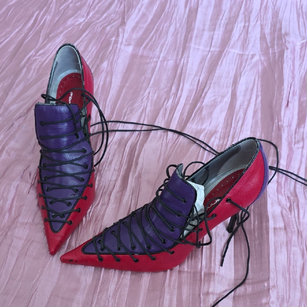 Italian Pointed Lace-Up Heels in Red and Purple